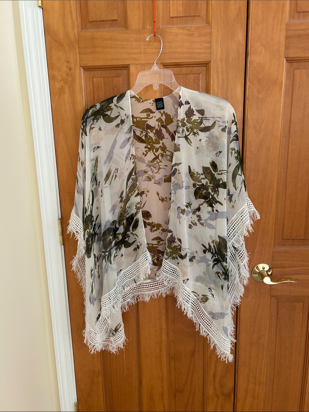 Floral Sheer Fringe Kimono - White and Olive